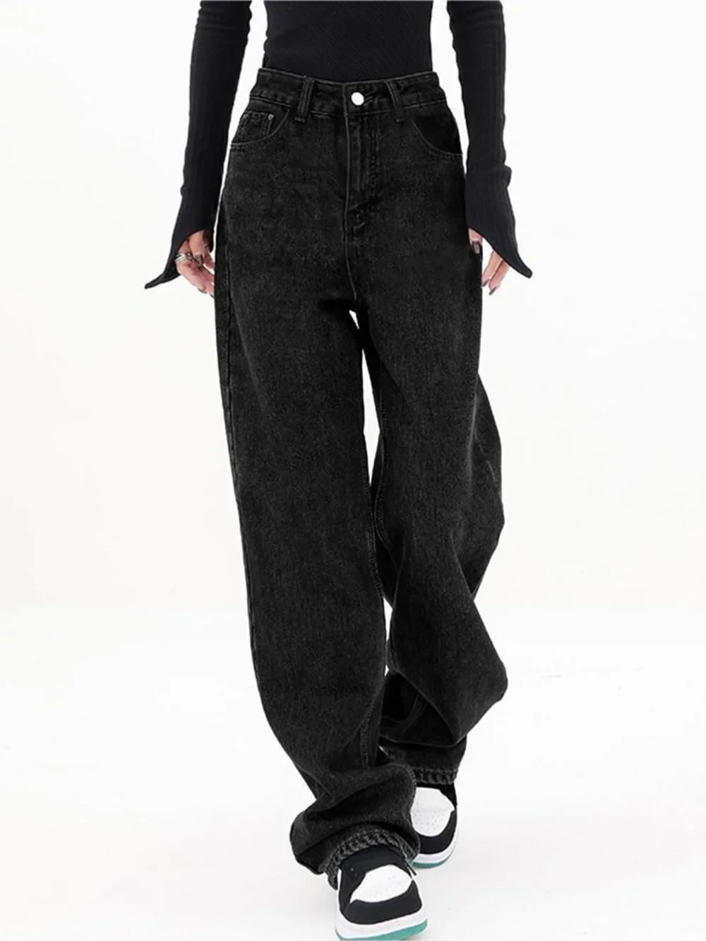 Women's Black Denim Y2k Straight Leg Button Zip High Waisted Baggy Jeans